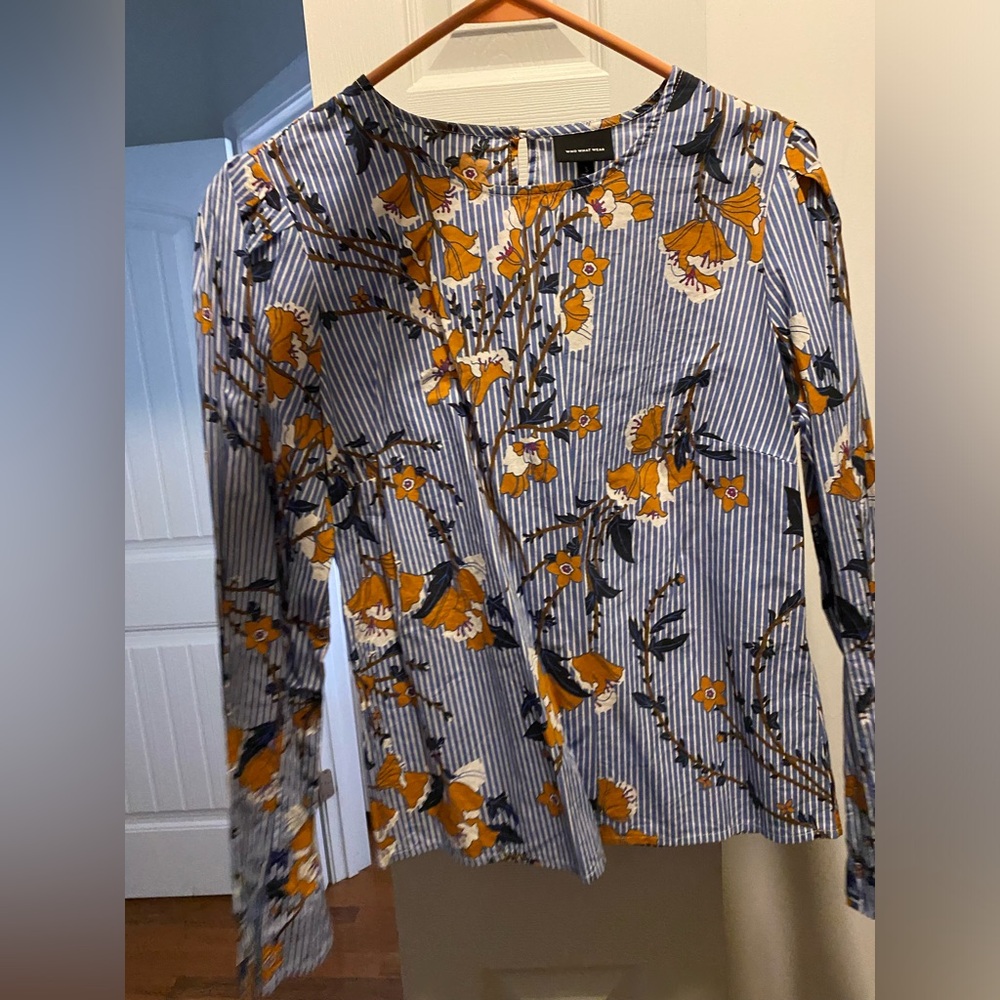 Who What Wear Blue and Orange Floral Mandarin Collar Blouse